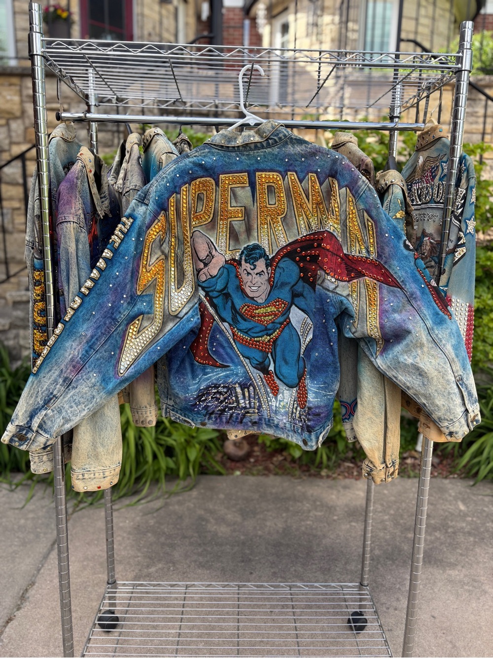 1987 Tony Alamo SUPERMAN Hand Painted Bedazzled Denim Jacket Size Medium
